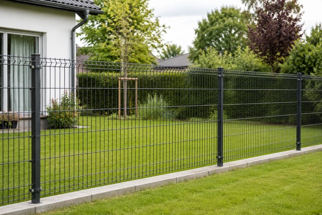 Anthrazitfarbener Doppelstabmattenzaun an einem Privathaus mit Garten