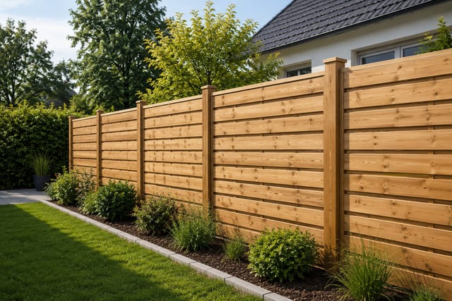 Holzzaun mit horizontalen Lamellen aus heller Lärche an einem Privatgarten