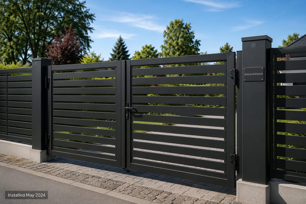 Anthrazitfarbene Metallzaun-Toranlage mit Gartentor und Einfahrtstor in Berlin-Köpenick