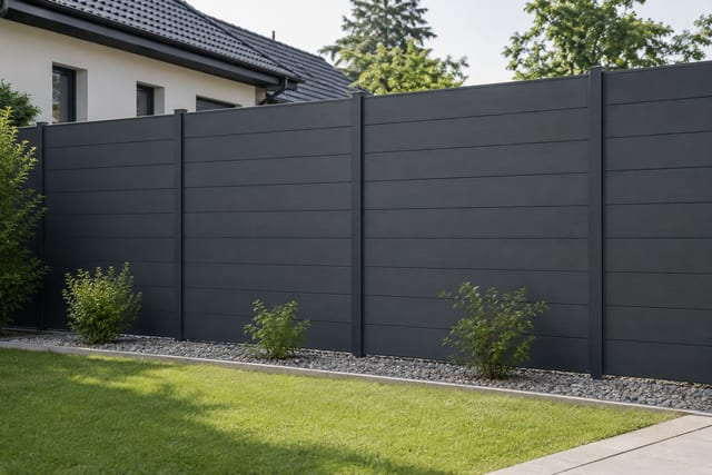 Anthrazitfarbener WPC-Sichtschutzzaun mit horizontalen Lamellen im Garten