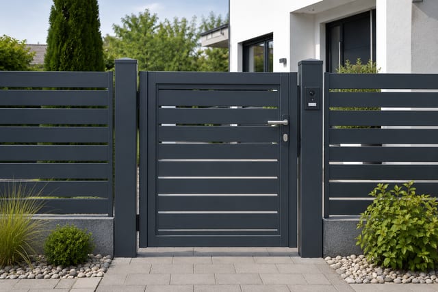 Anthrazitfarbenes Gartentor mit horizontalen Lamellen und seitlicher Klingelanlage
